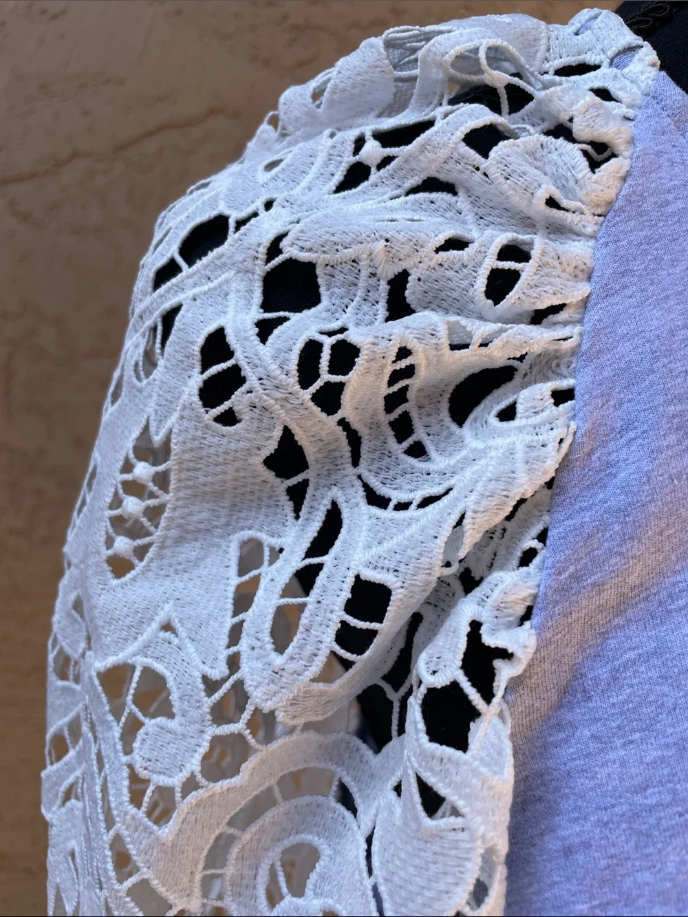 Anthropologie DOLAN Light Gray Top with White Lace Puff Sleeves